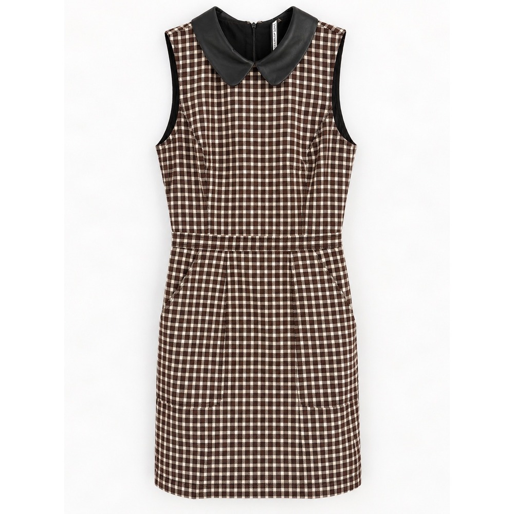 Plenty by Tracy Reese Dress S Brown Gingham Faux Leather Collar Preppy Mod NWT
